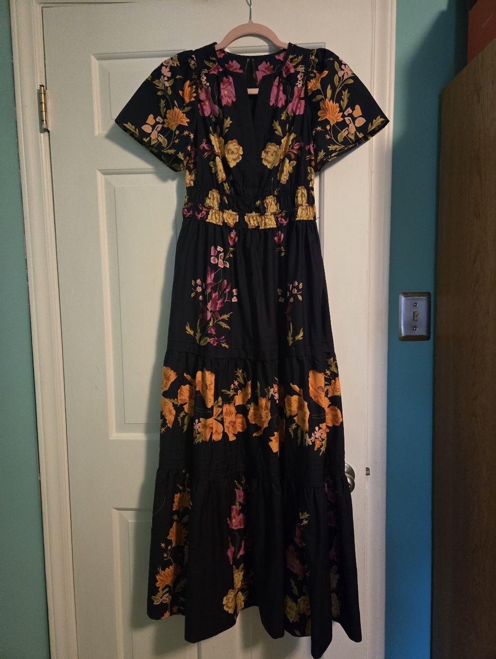 Anthropologie Somerset Navy Floral Maxi Dress with Yellow & Pink Blooms